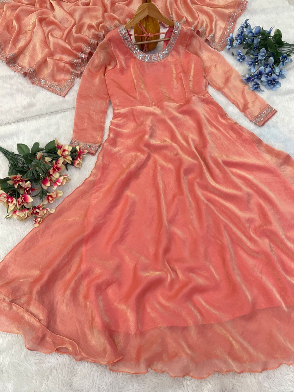 New Launch – Elegant Fendy Silk Embroidered Gown with Matching Dupatta | Ready to Wear