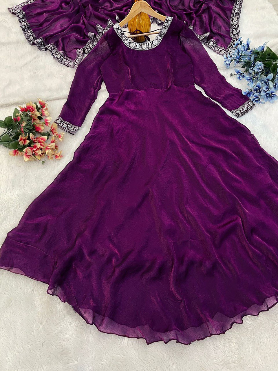 New Launch – Elegant Fendy Silk Embroidered Gown with Matching Dupatta | Ready to Wear