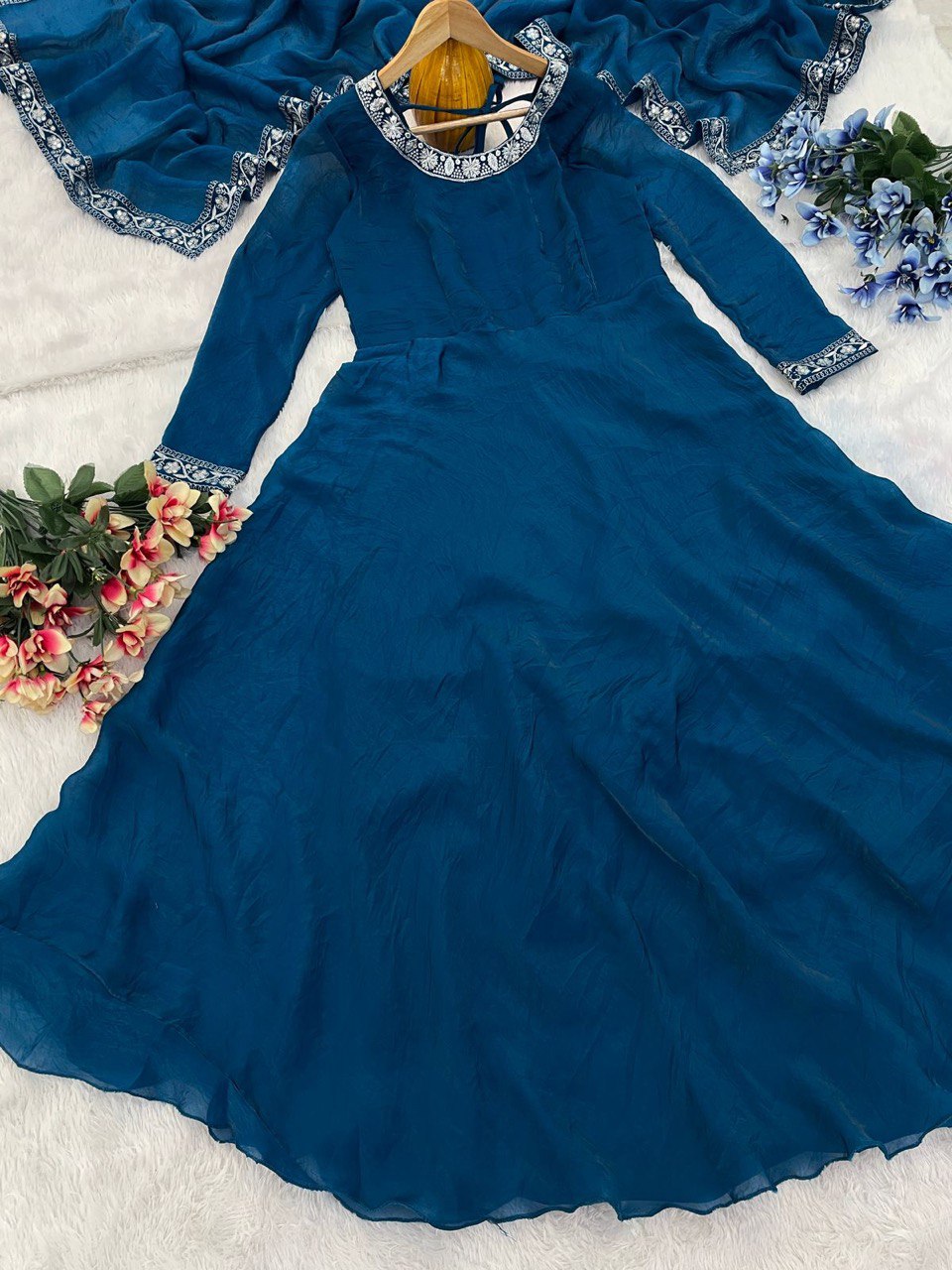 New Launch – Elegant Fendy Silk Embroidered Gown with Matching Dupatta | Ready to Wear