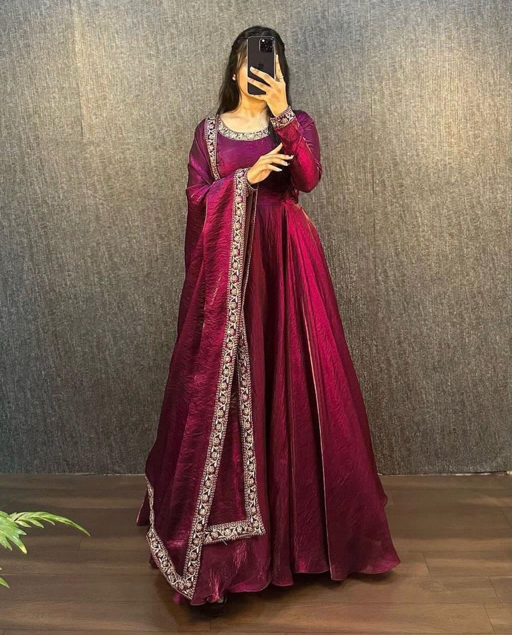 New Launch – Elegant Fendy Silk Embroidered Gown with Matching Dupatta | Ready to Wear