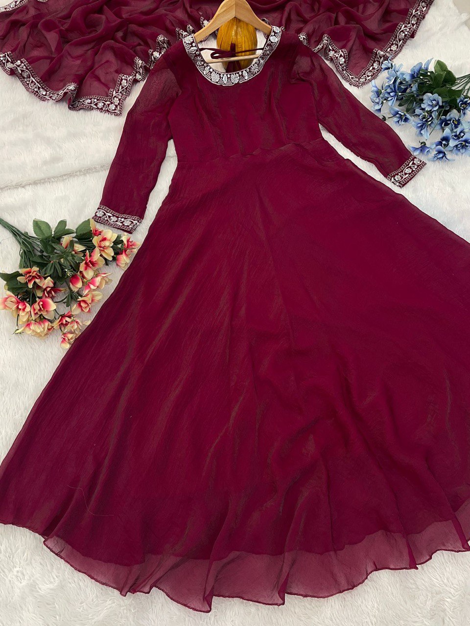 New Launch – Elegant Fendy Silk Embroidered Gown with Matching Dupatta | Ready to Wear