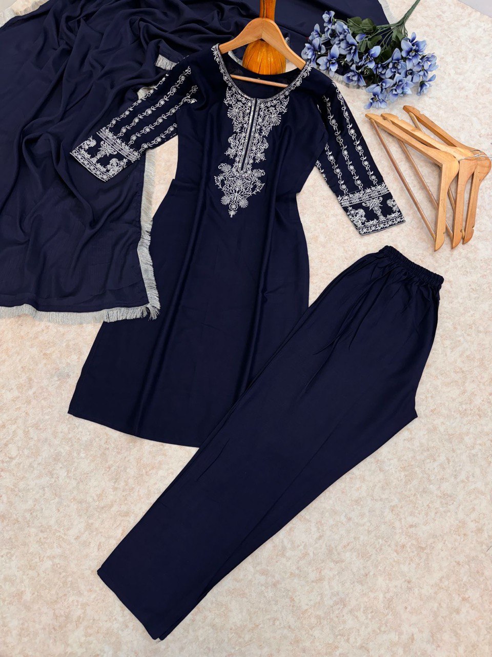 New Heavy Reyon Embroidered Suit Set with Chinon Dupatta | Ready to Wear