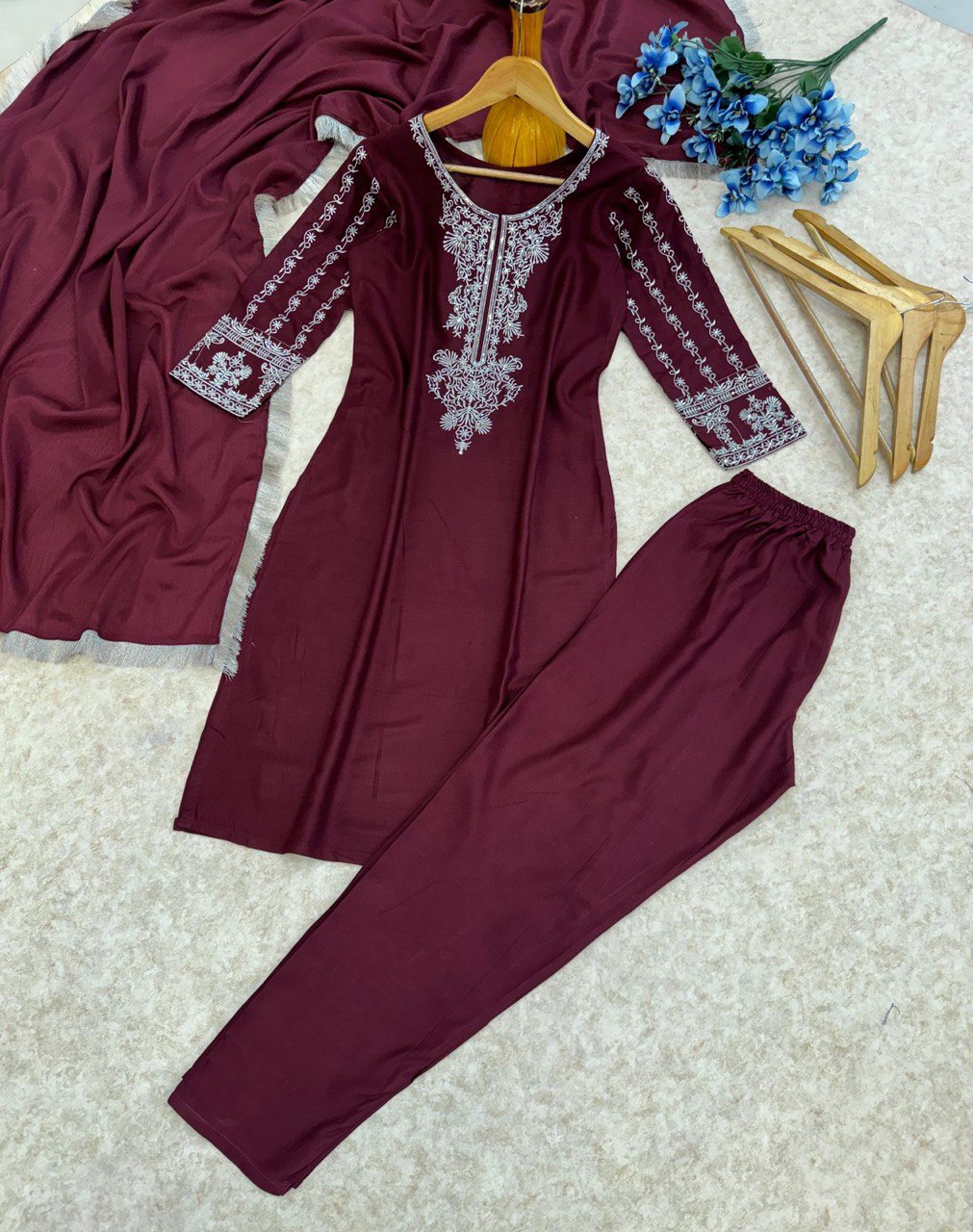 New Heavy Reyon Embroidered Suit Set with Chinon Dupatta | Ready to Wear