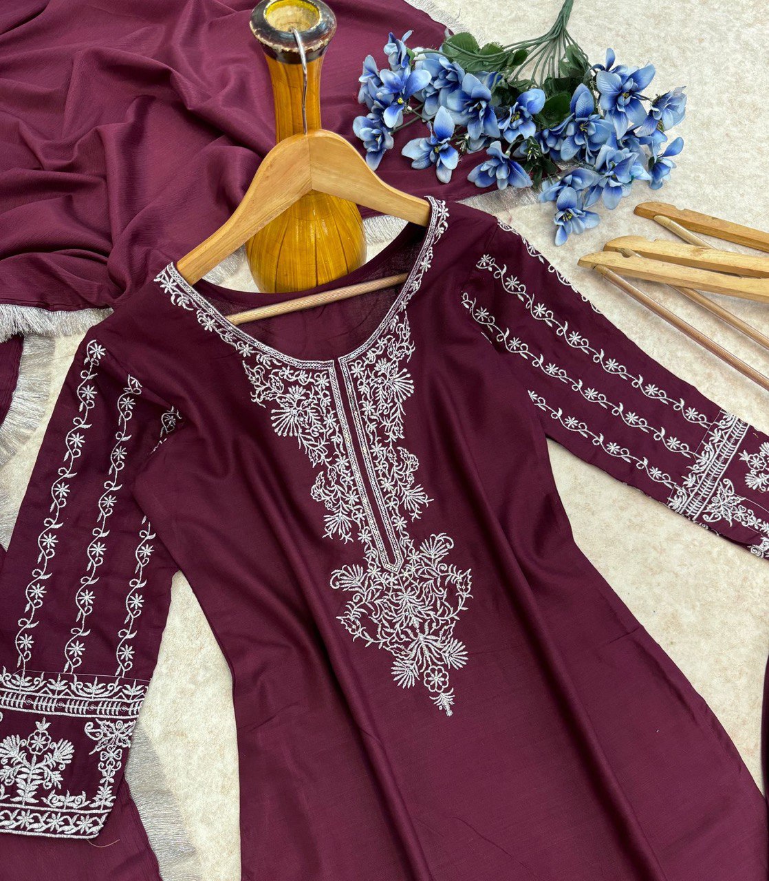 New Heavy Reyon Embroidered Suit Set with Chinon Dupatta | Ready to Wear