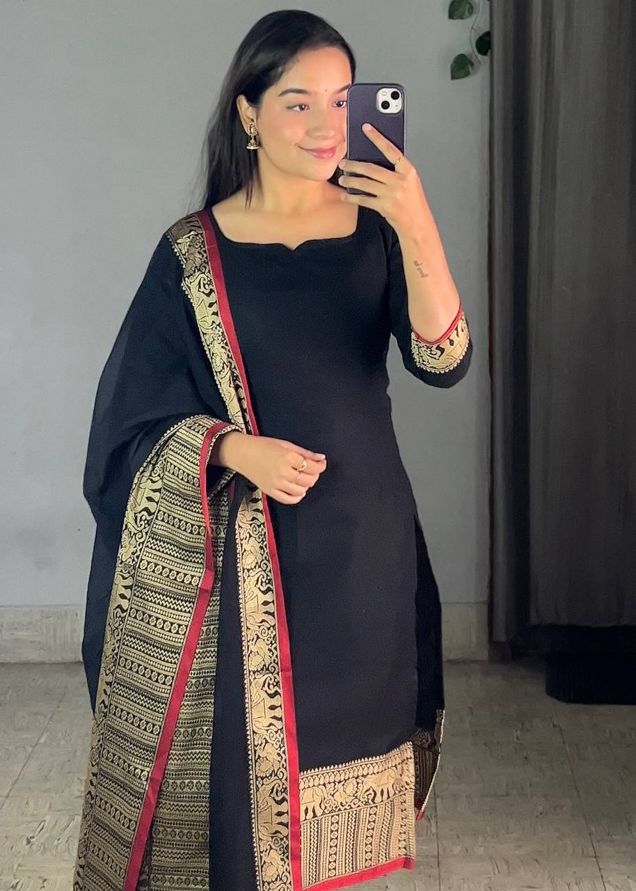 New Vichitra Silk Kurti with Jacquard Zari Weaving & Matching Dupatta
