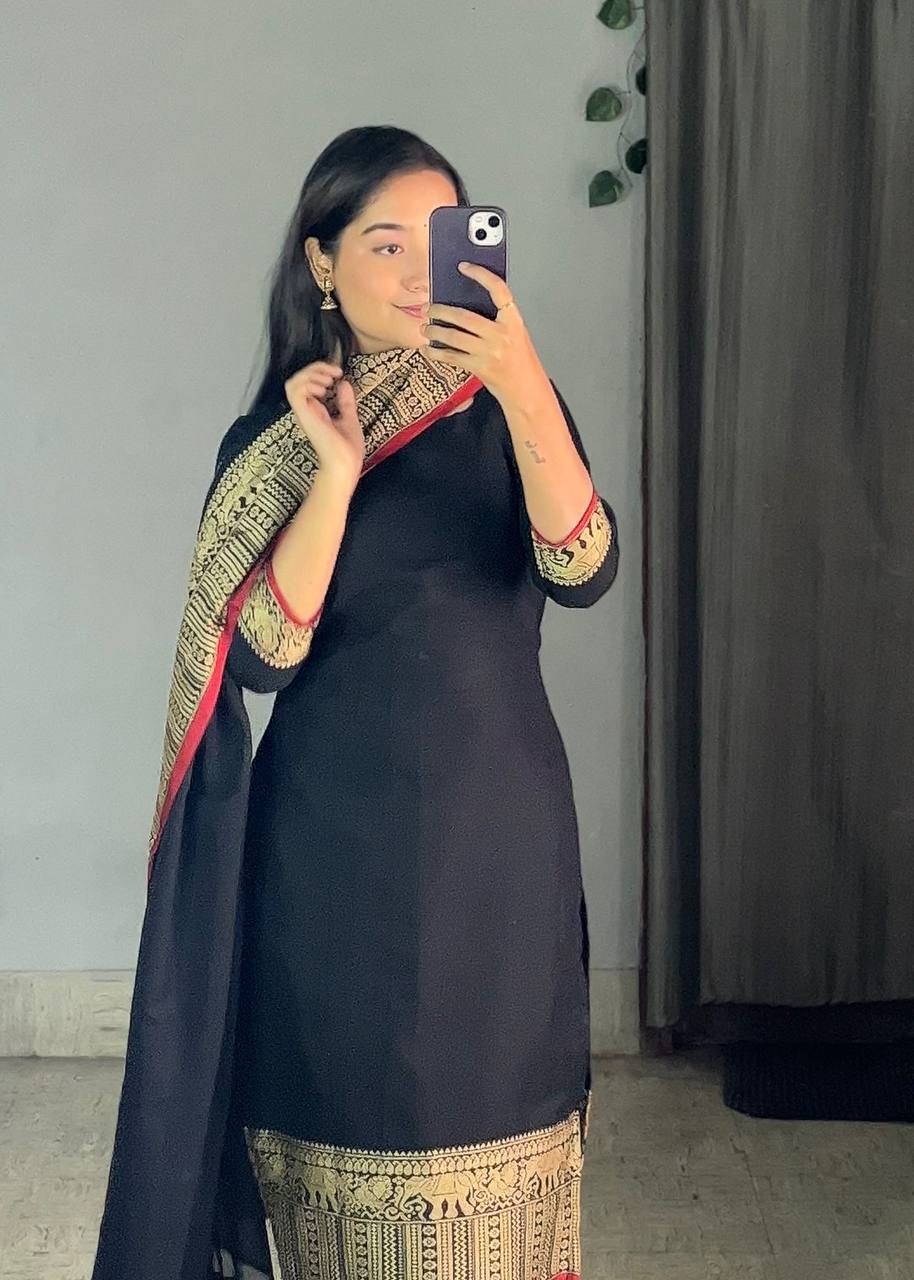 New Vichitra Silk Kurti with Jacquard Zari Weaving & Matching Dupatta