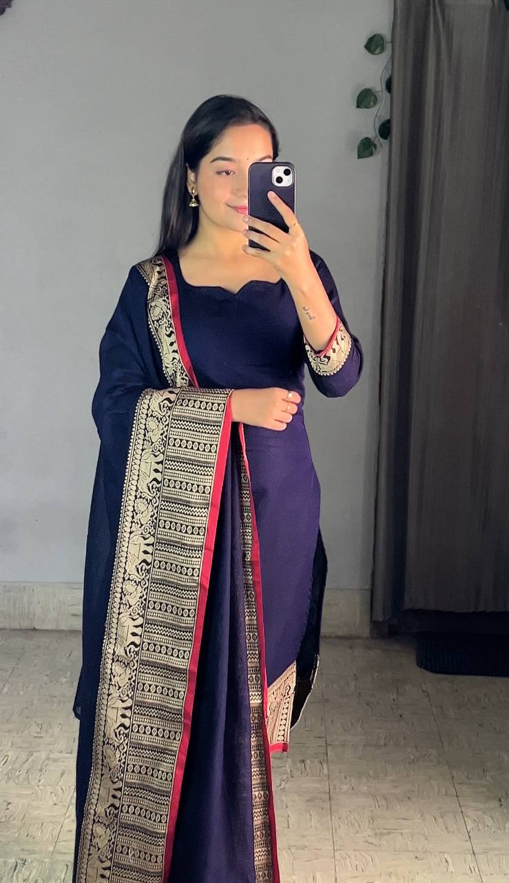 New Vichitra Silk Kurti with Jacquard Zari Weaving & Matching Dupatta