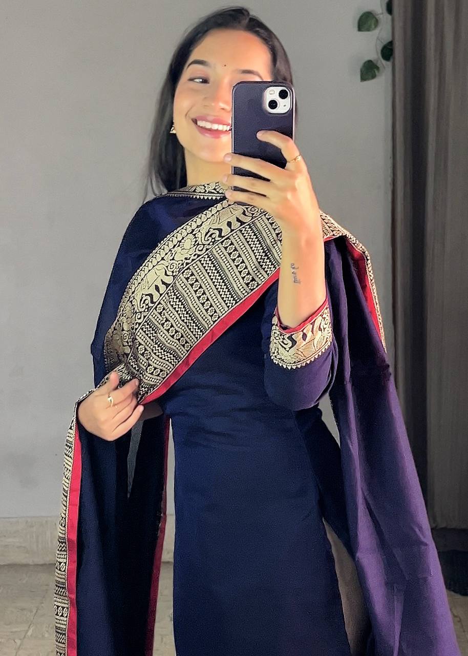 New Vichitra Silk Kurti with Jacquard Zari Weaving & Matching Dupatta