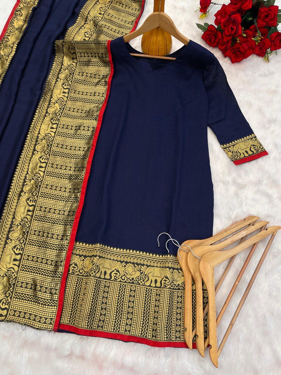 New Vichitra Silk Kurti with Jacquard Zari Weaving & Matching Dupatta