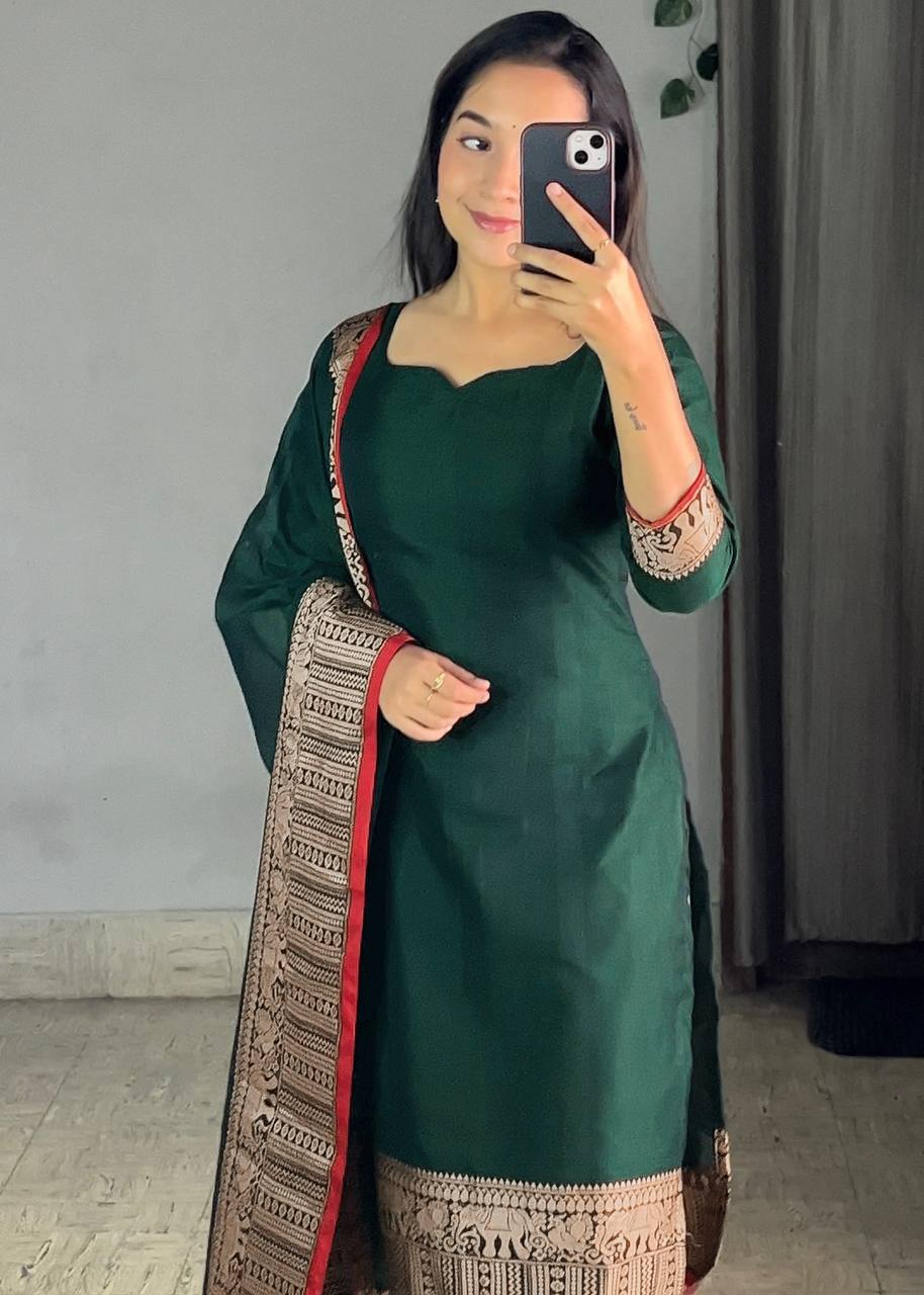 New Vichitra Silk Kurti with Jacquard Zari Weaving & Matching Dupatta