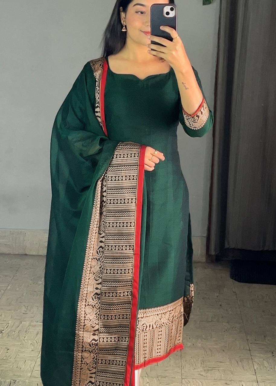 New Vichitra Silk Kurti with Jacquard Zari Weaving & Matching Dupatta