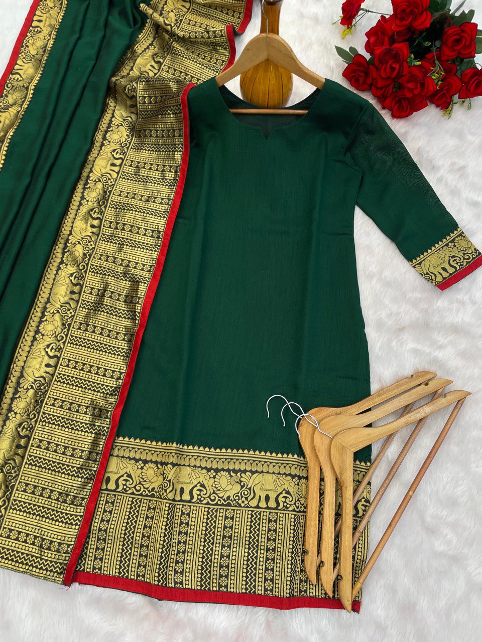 New Vichitra Silk Kurti with Jacquard Zari Weaving & Matching Dupatta