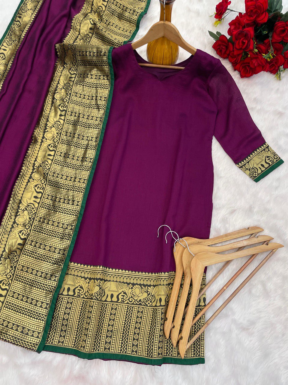 New Vichitra Silk Kurti with Jacquard Zari Weaving & Matching Dupatta