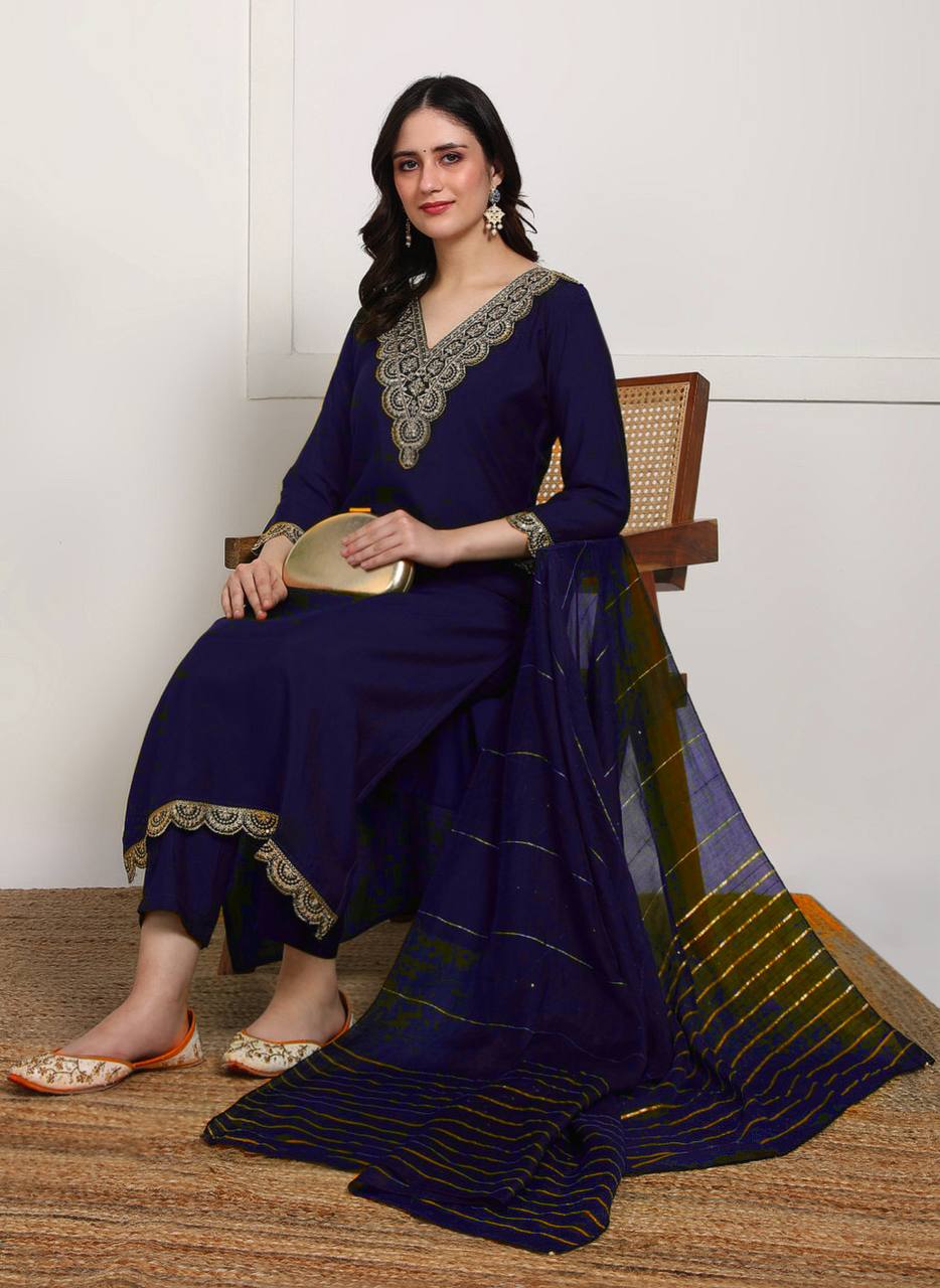 New Elegant 14kg Heavy Rayon Suit Set with Embroidery & Dola Silk Dupatta – Ready to Wear