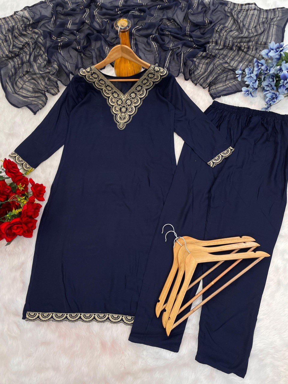 New Elegant 14kg Heavy Rayon Suit Set with Embroidery & Dola Silk Dupatta – Ready to Wear