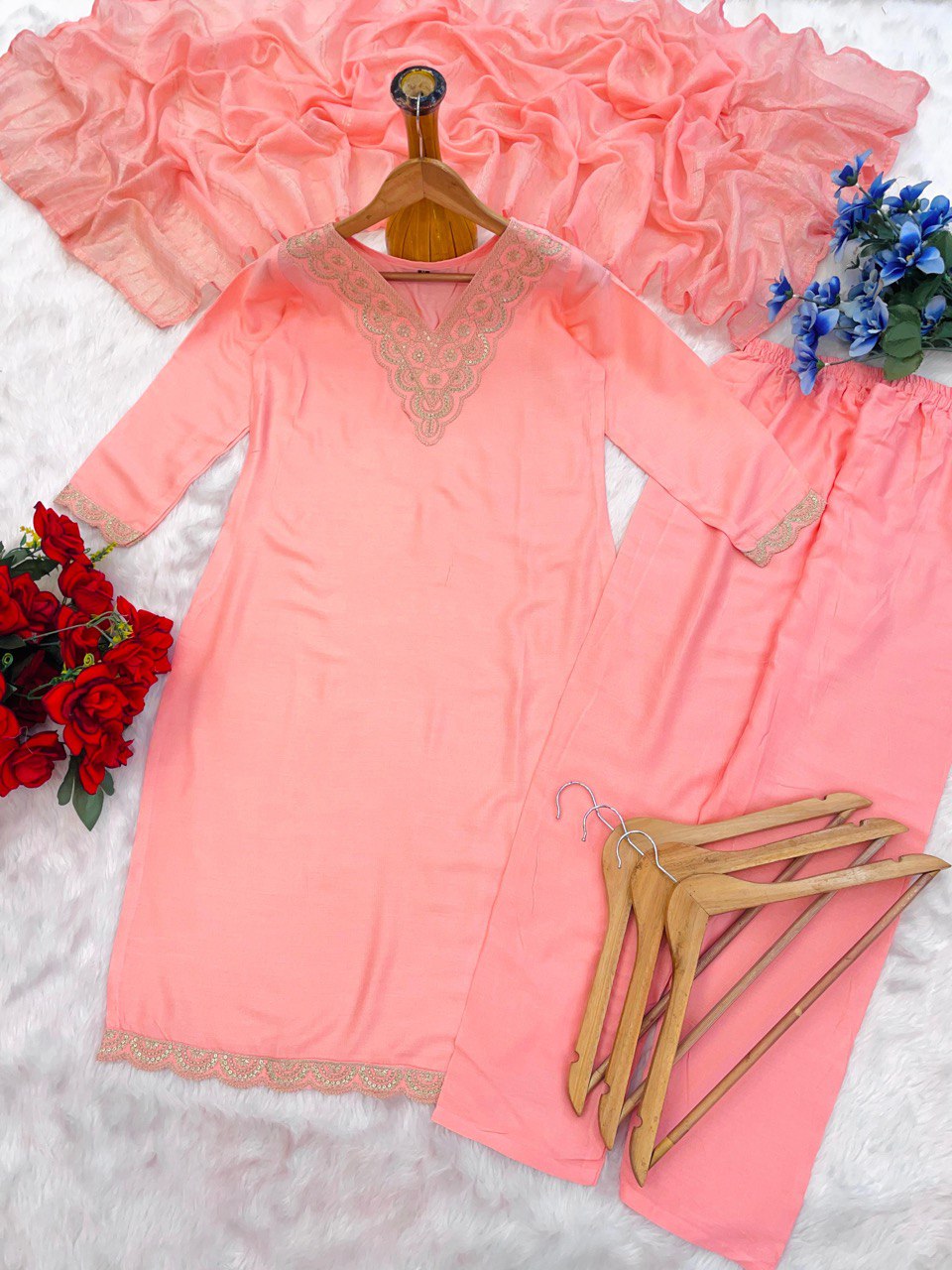 New Elegant 14kg Heavy Rayon Suit Set with Embroidery & Dola Silk Dupatta – Ready to Wear