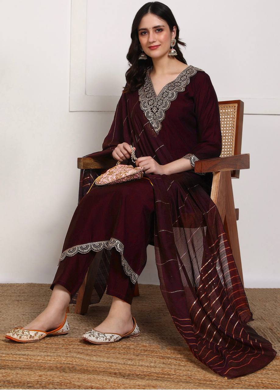 New Elegant 14kg Heavy Rayon Suit Set with Embroidery & Dola Silk Dupatta – Ready to Wear