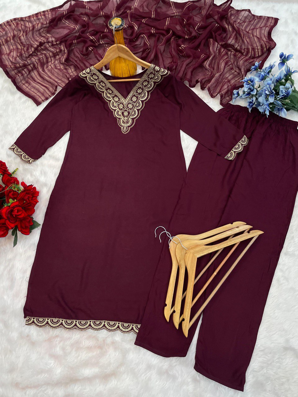 New Elegant 14kg Heavy Rayon Suit Set with Embroidery & Dola Silk Dupatta – Ready to Wear