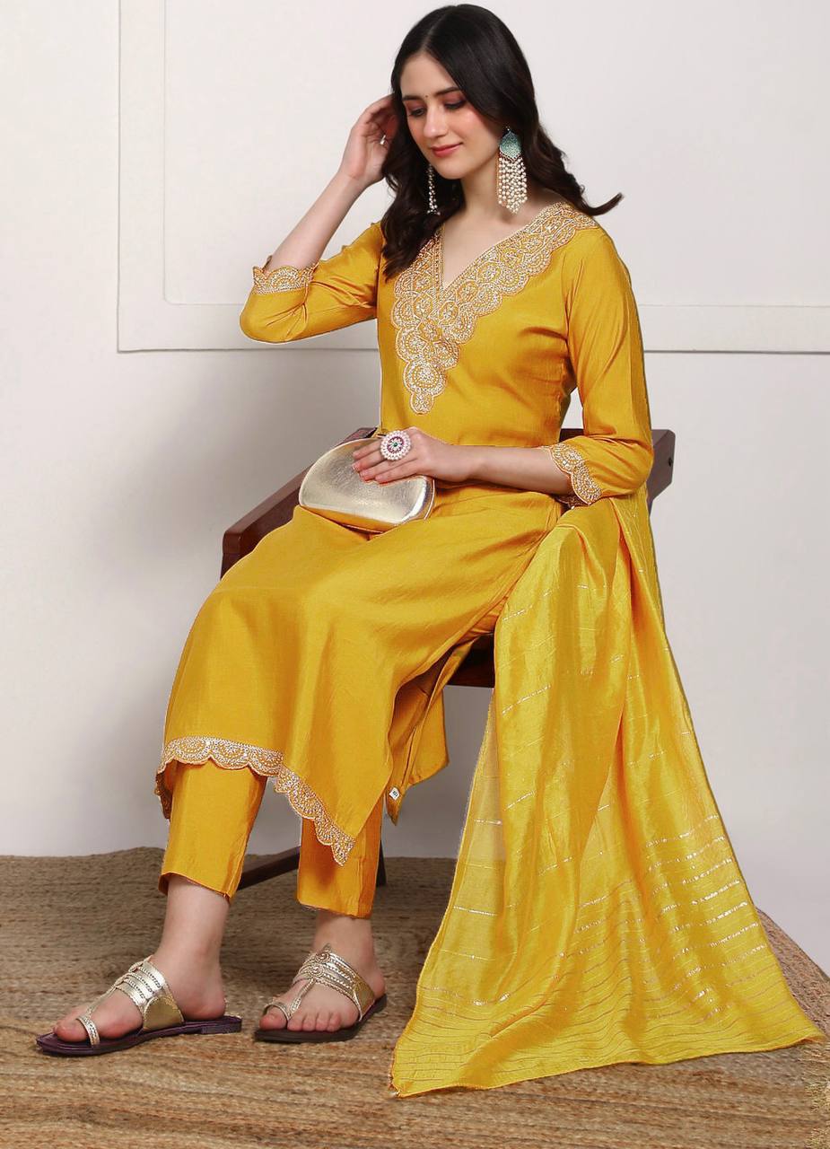 New Elegant 14kg Heavy Rayon Suit Set with Embroidery & Dola Silk Dupatta – Ready to Wear
