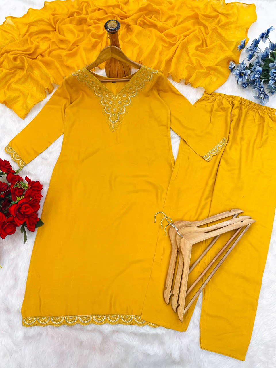 New Elegant 14kg Heavy Rayon Suit Set with Embroidery & Dola Silk Dupatta – Ready to Wear