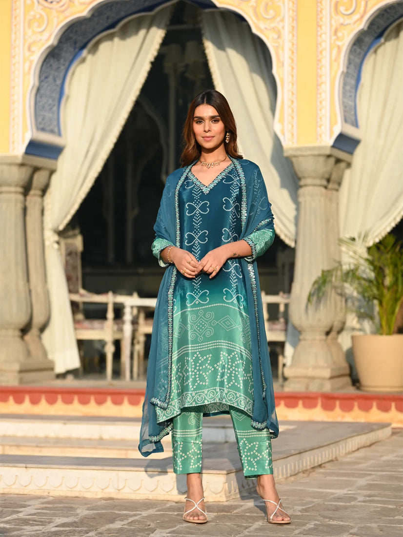 Graceful Chinon Silk Kurti Set with Embroidery & Nazmin Dupatta – 3-Piece Ethnic Ensemble for Women