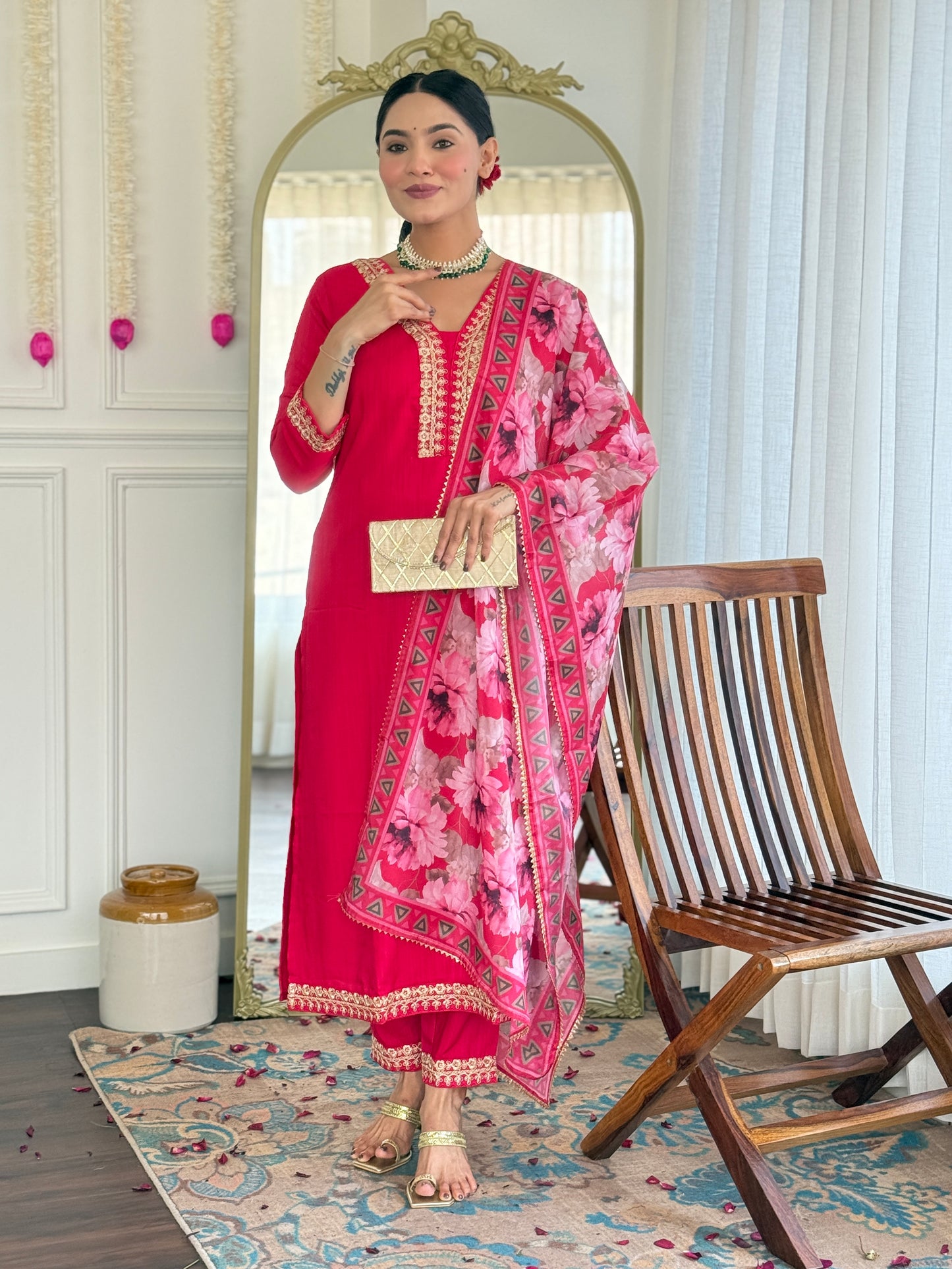 New Style Embroidered Viscose Slub Suit Set | Chinon Dupatta | 3-Piece Ready-to-Wear