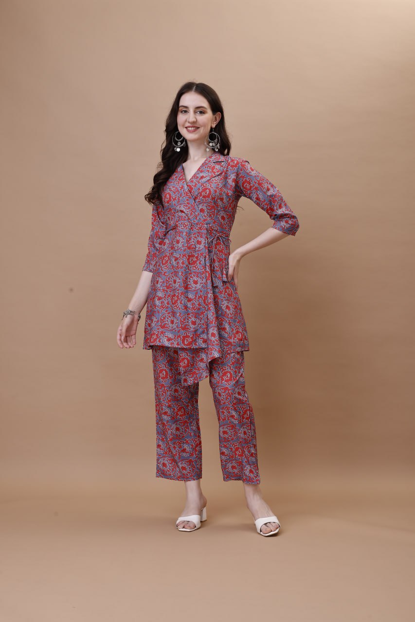 Stylish American Crepe Printed Co-ord Set for Women – Straight Kurti with Pants