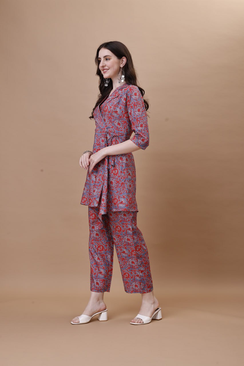 Stylish American Crepe Printed Co-ord Set for Women – Straight Kurti with Pants
