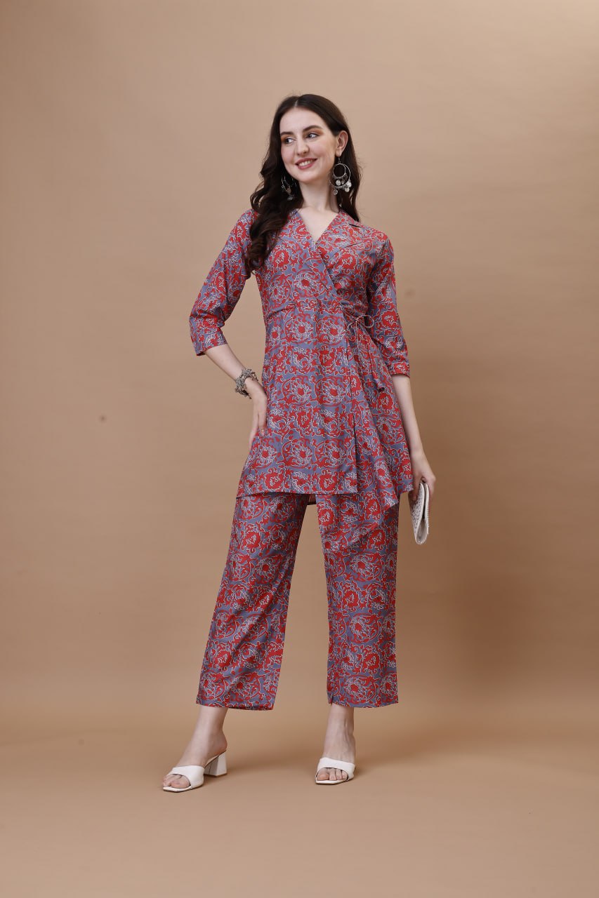 Stylish American Crepe Printed Co-ord Set for Women – Straight Kurti with Pants