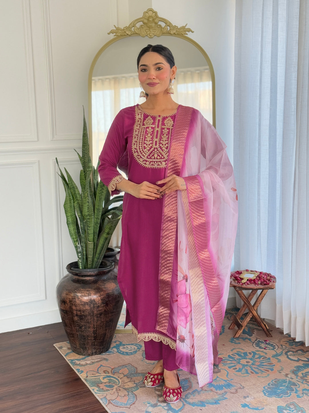 Festive Wear Rayon Suit Set with Embroidery and Elegant Jacquard Dupatta