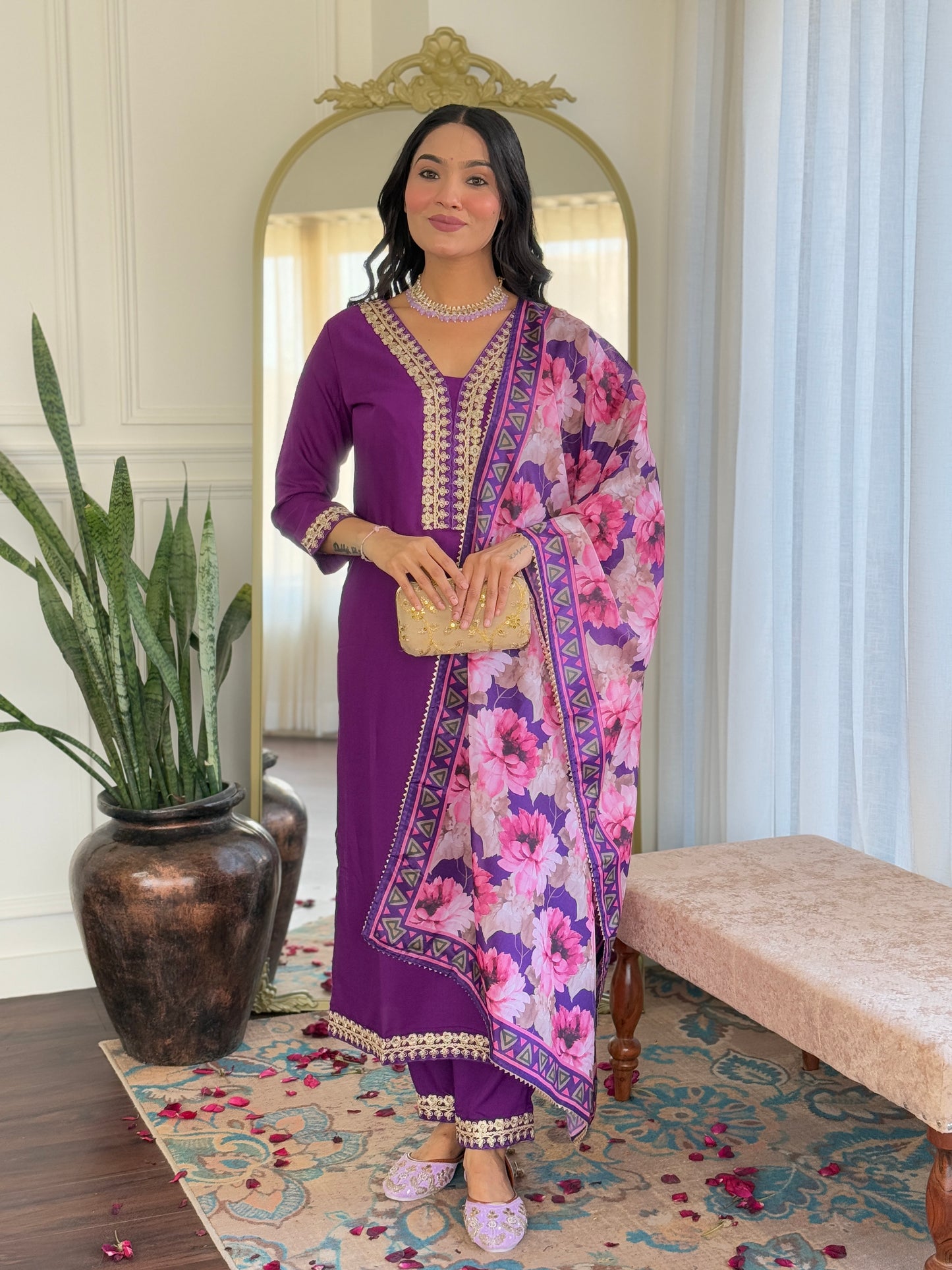 New Style Embroidered Viscose Slub Suit Set | Chinon Dupatta | 3-Piece Ready-to-Wear