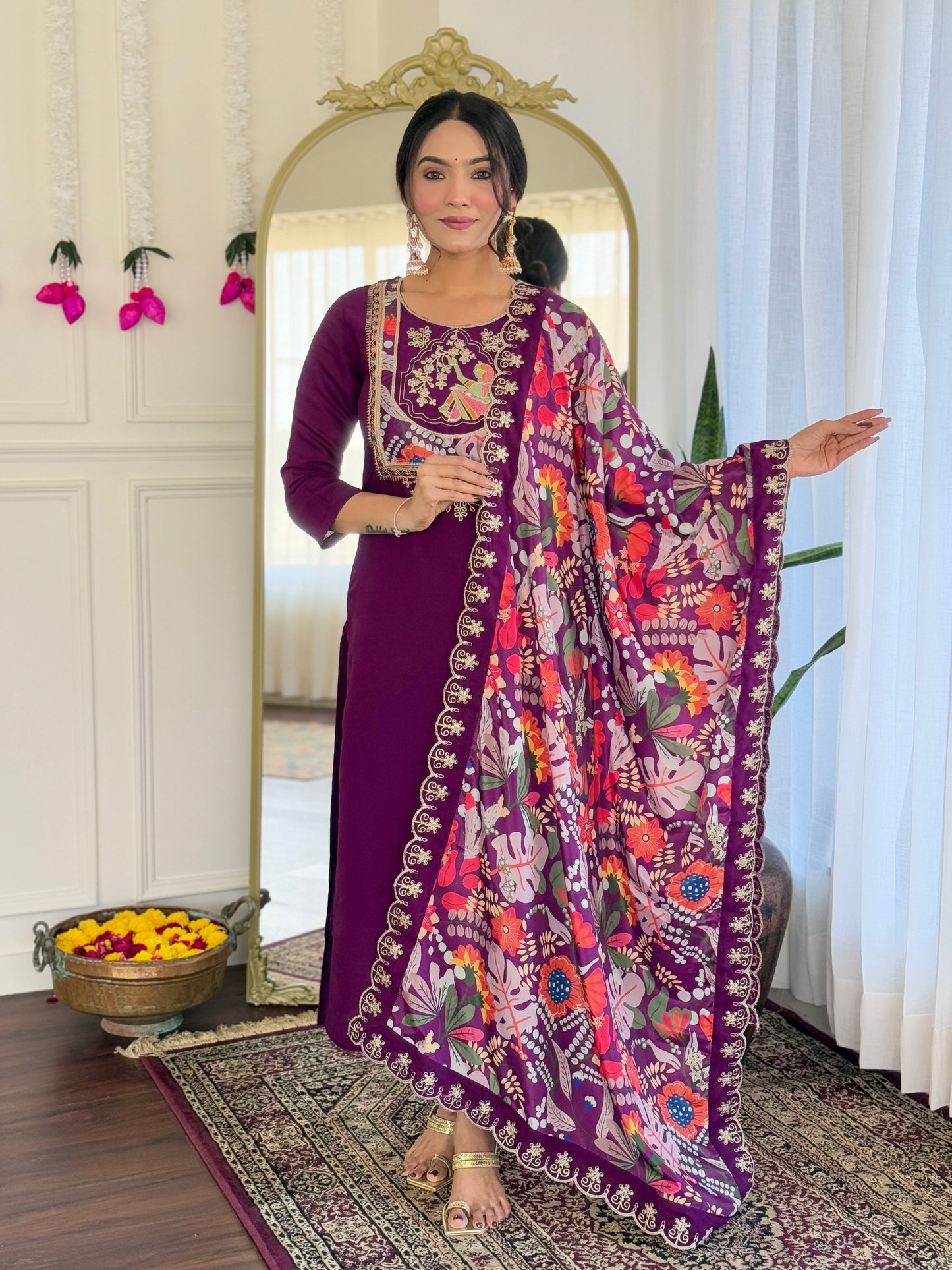 Premium Ethnic Wear Embroidered Viscose Chanderi Suit Set with Elegant Silk Dupatta – 3-Piece