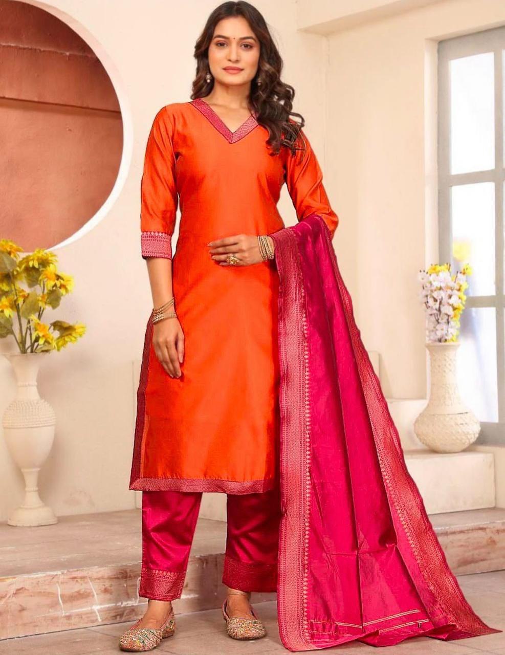 Premium Lichi Silk Kurti Pant Set with Jacquard Print & Matching Dupatta – Festive Wear