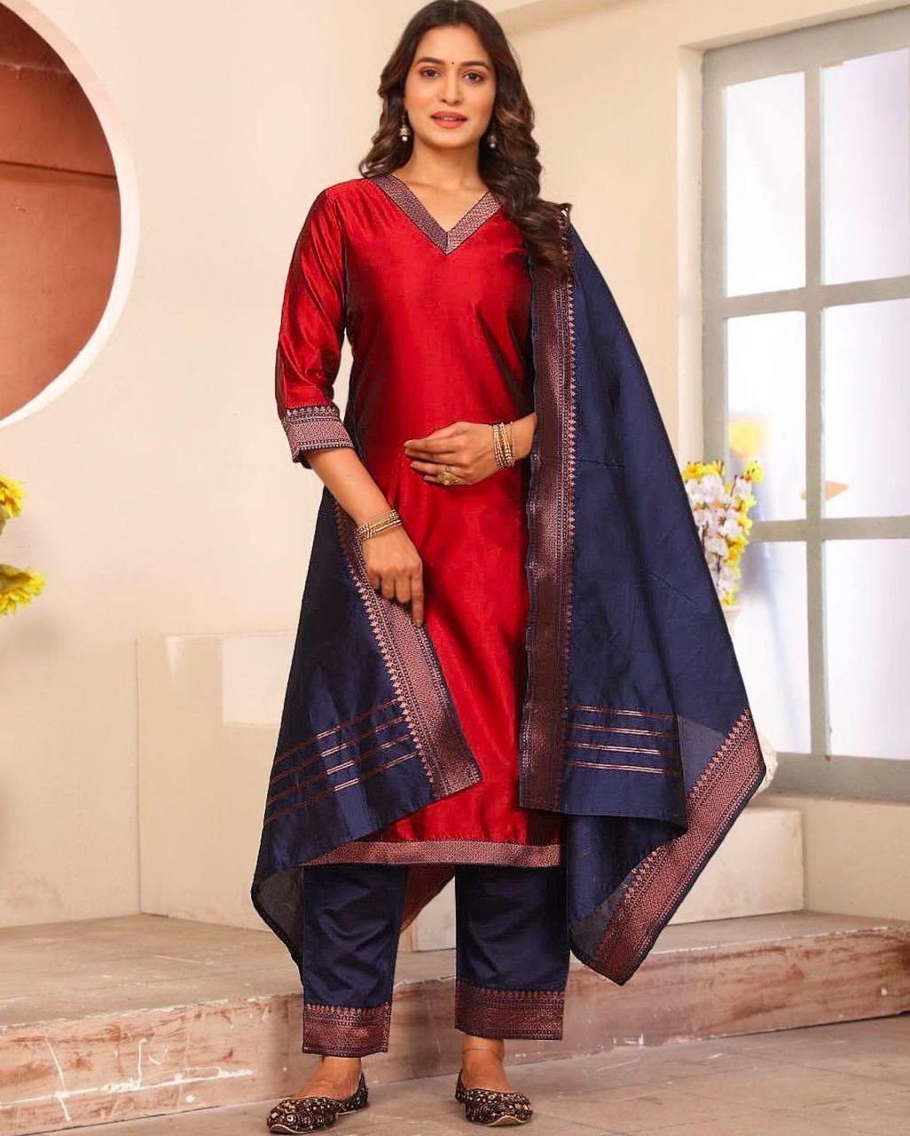 Premium Lichi Silk Kurti Pant Set with Jacquard Print & Matching Dupatta – Festive Wear