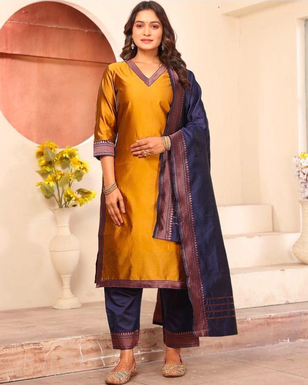 Premium Lichi Silk Kurti Pant Set with Jacquard Print & Matching Dupatta – Festive Wear