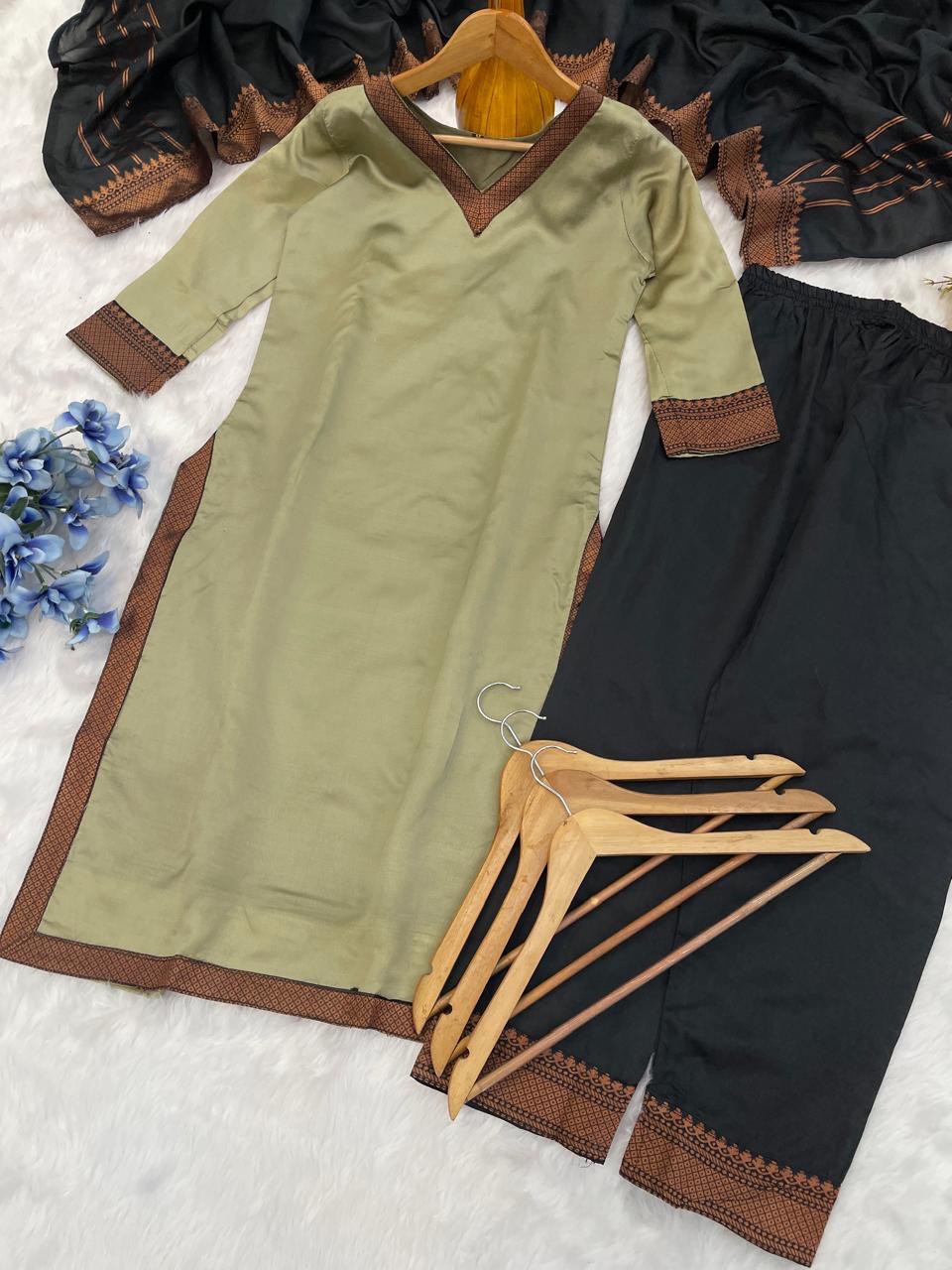 Premium Lichi Silk Kurti Pant Set with Jacquard Print & Matching Dupatta – Festive Wear