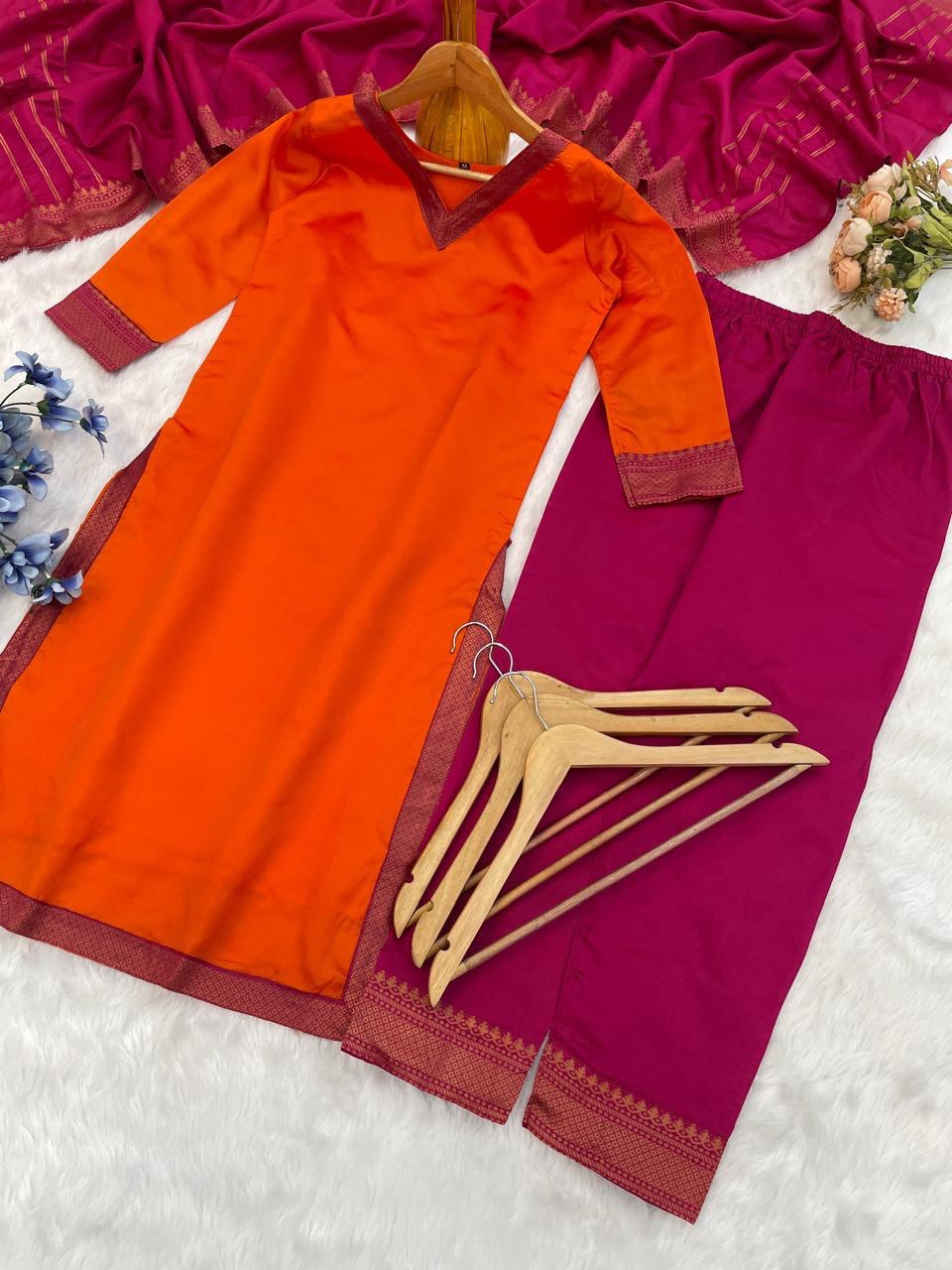 Premium Lichi Silk Kurti Pant Set with Jacquard Print & Matching Dupatta – Festive Wear