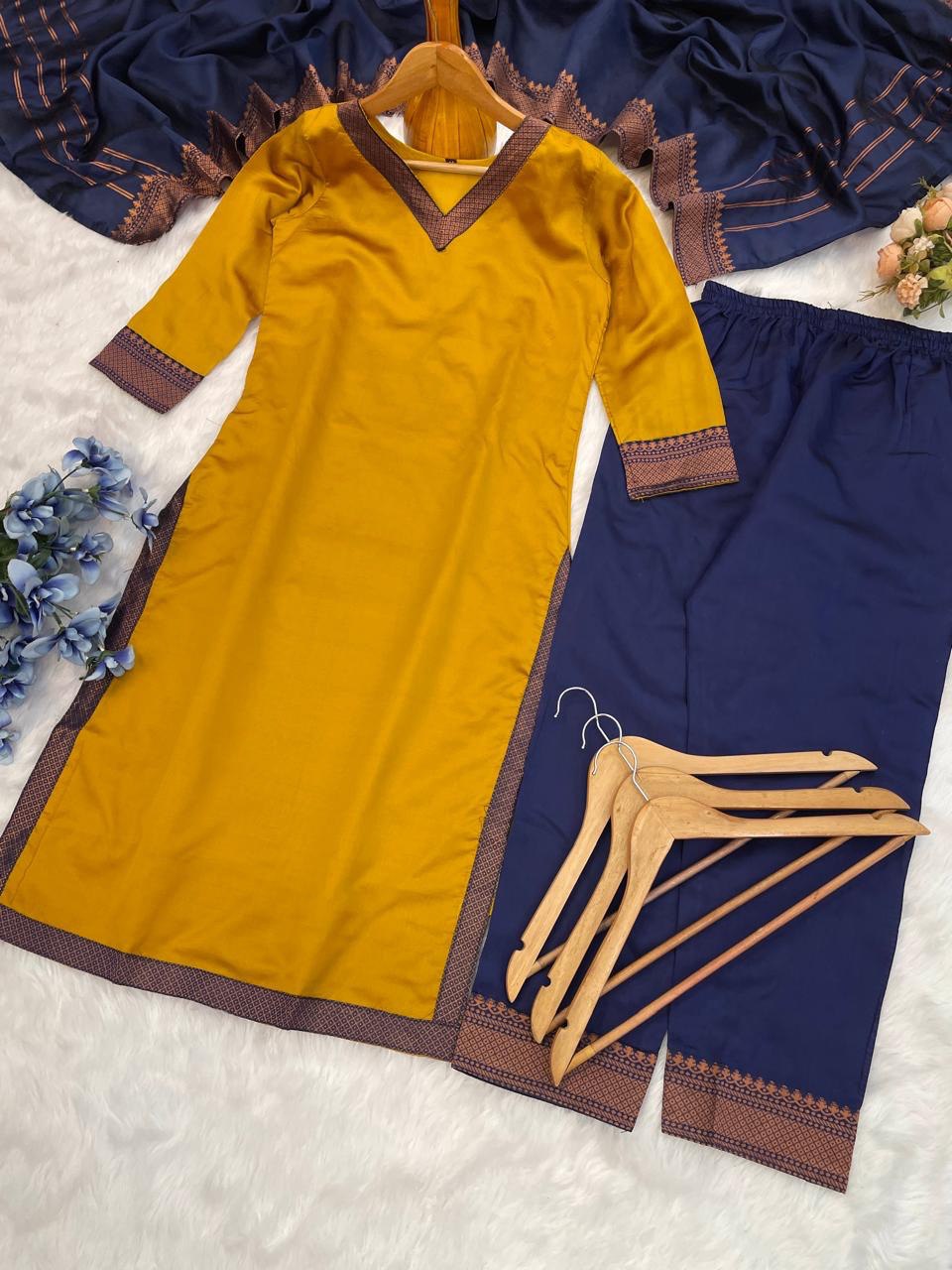 Premium Lichi Silk Kurti Pant Set with Jacquard Print & Matching Dupatta – Festive Wear