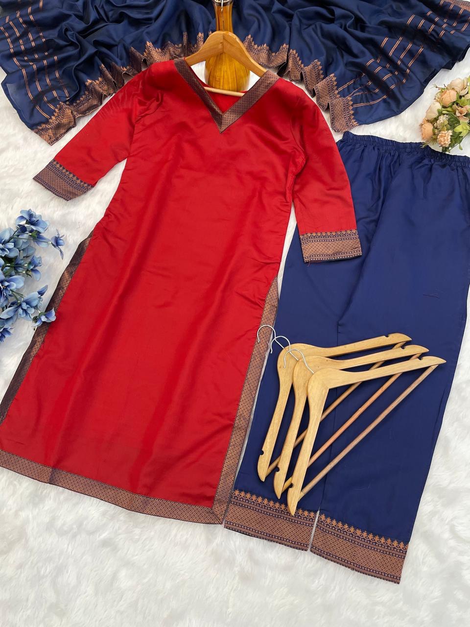 Premium Lichi Silk Kurti Pant Set with Jacquard Print & Matching Dupatta – Festive Wear