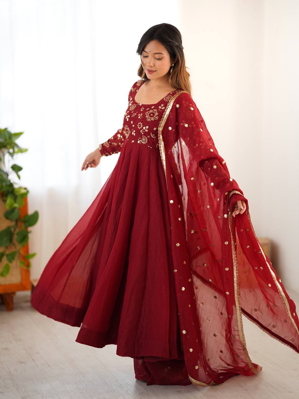 Premium Women’s Ethnic Wear Crunchy Silk Gown Set with Embroidered Dupatta & Matching Pant