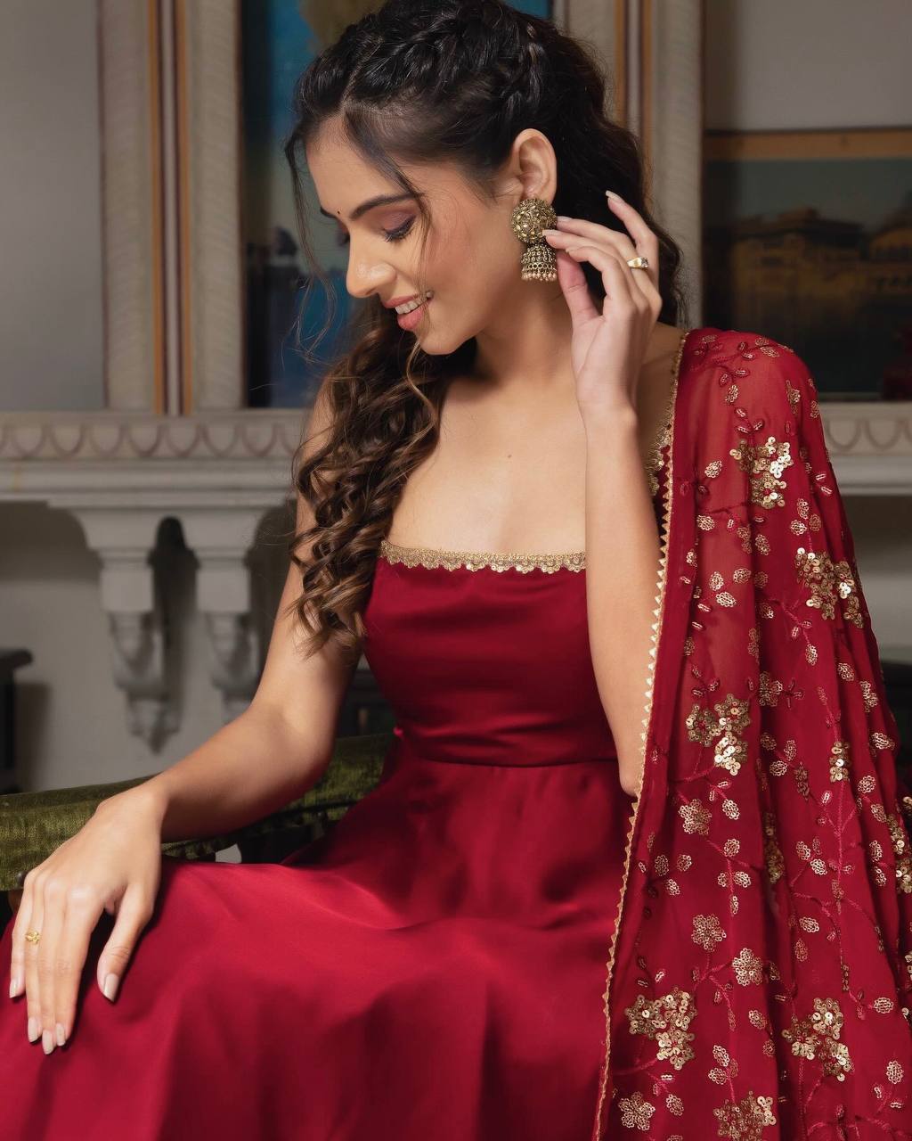 Party Wear Fully Stitched Outfit for Designer Heavy Faux Georgette Gown Set with Embroidered Dupatta & Bottom