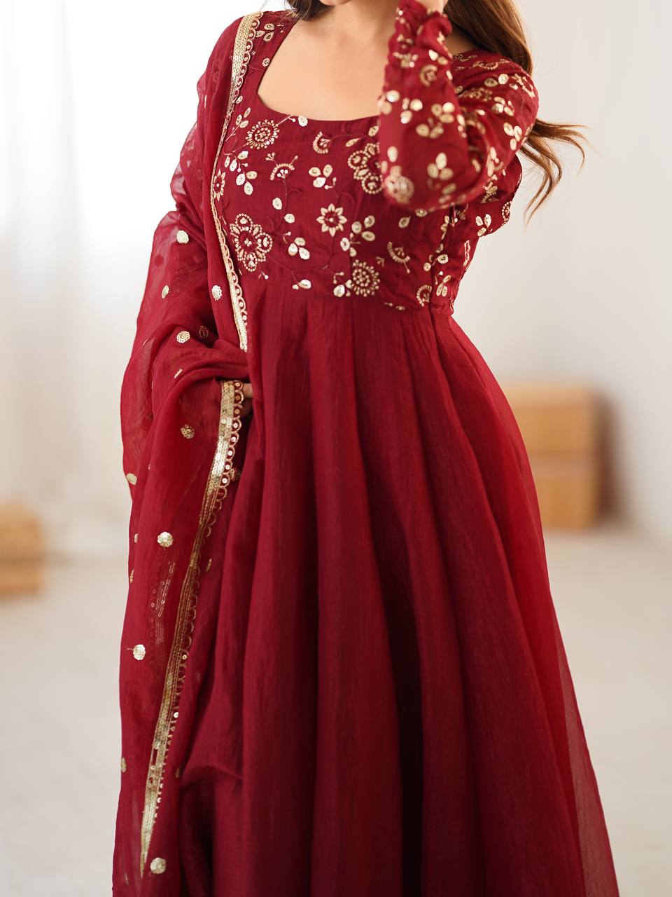 Premium Women’s Ethnic Wear Crunchy Silk Gown Set with Embroidered Dupatta & Matching Pant