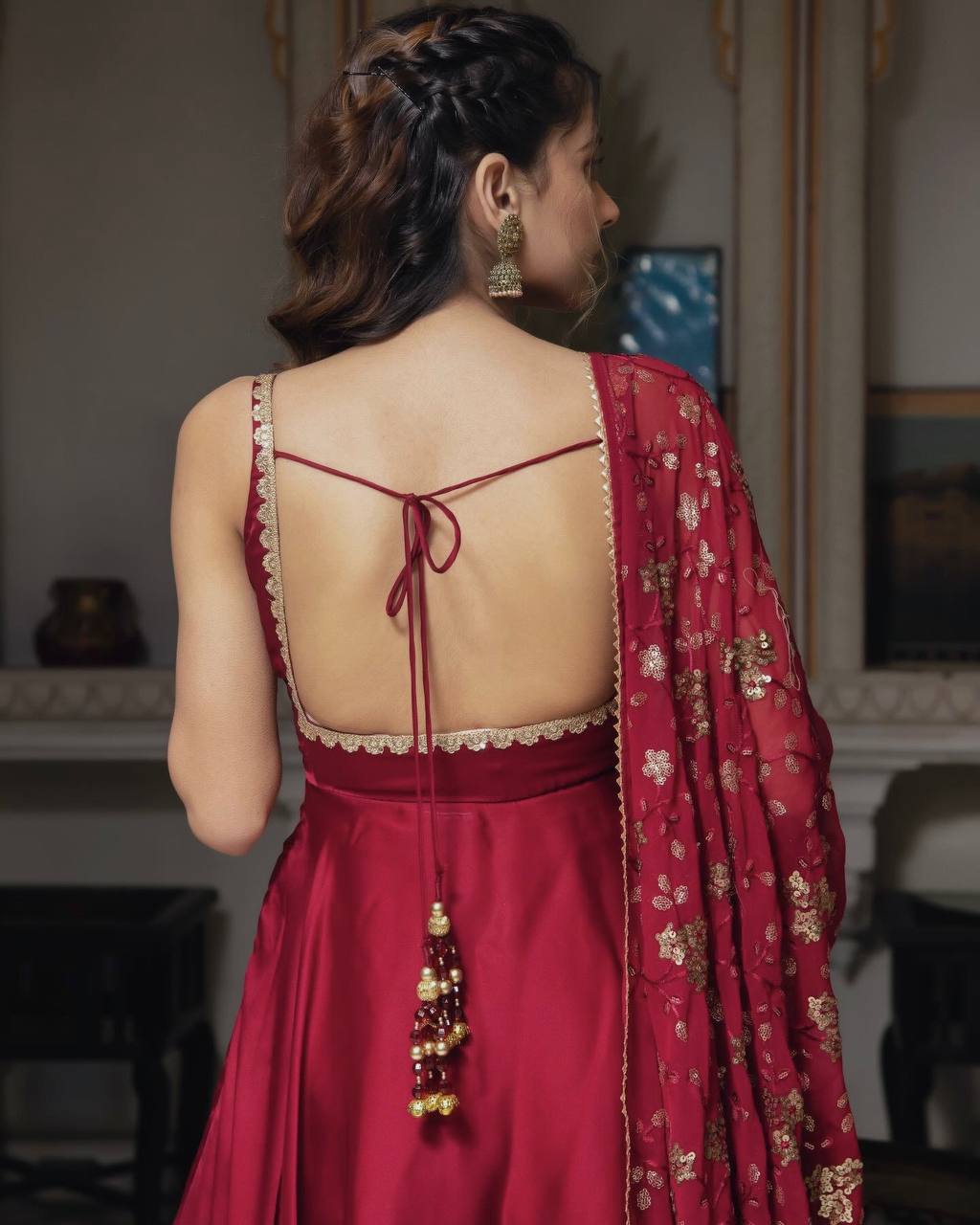Party Wear Fully Stitched Outfit for Designer Heavy Faux Georgette Gown Set with Embroidered Dupatta & Bottom