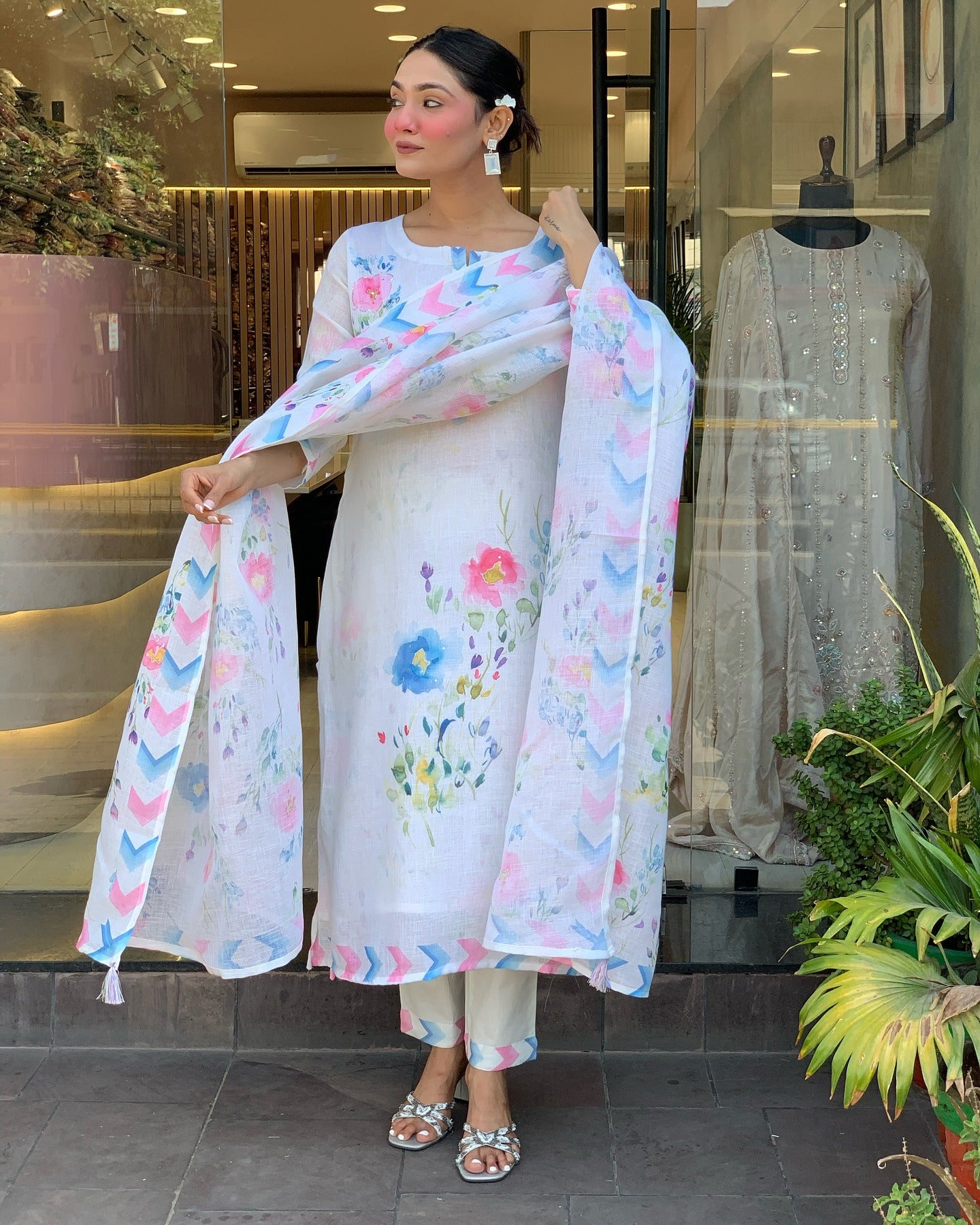 Women's Pure Linen Embroidered Kurta with Pant & Dupatta | Premium Readymade 3-Piece Suit Set | Elegant & Breathable Ethnic Wear for Summer, Office, and Semi-Formal Occasions
