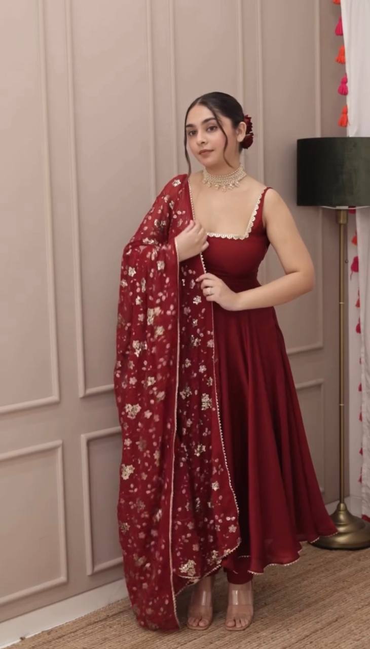 Party Wear Fully Stitched Outfit for Designer Heavy Faux Georgette Gown Set with Embroidered Dupatta & Bottom