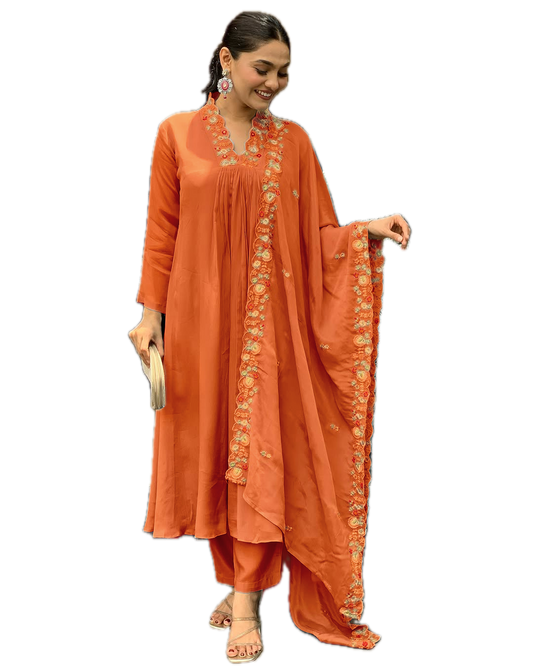 Elegant Viscose Chinnon Embroidered Suit Set – Kurti, Pant & Dupatta