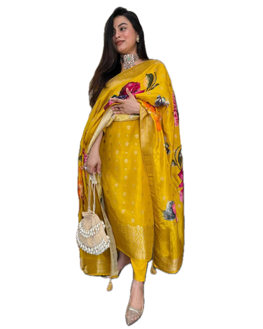Women's Viscose Organza Jacquard Embroidered Kurta with Viscose Pant & Heavy Printed Jacquard Dupatta