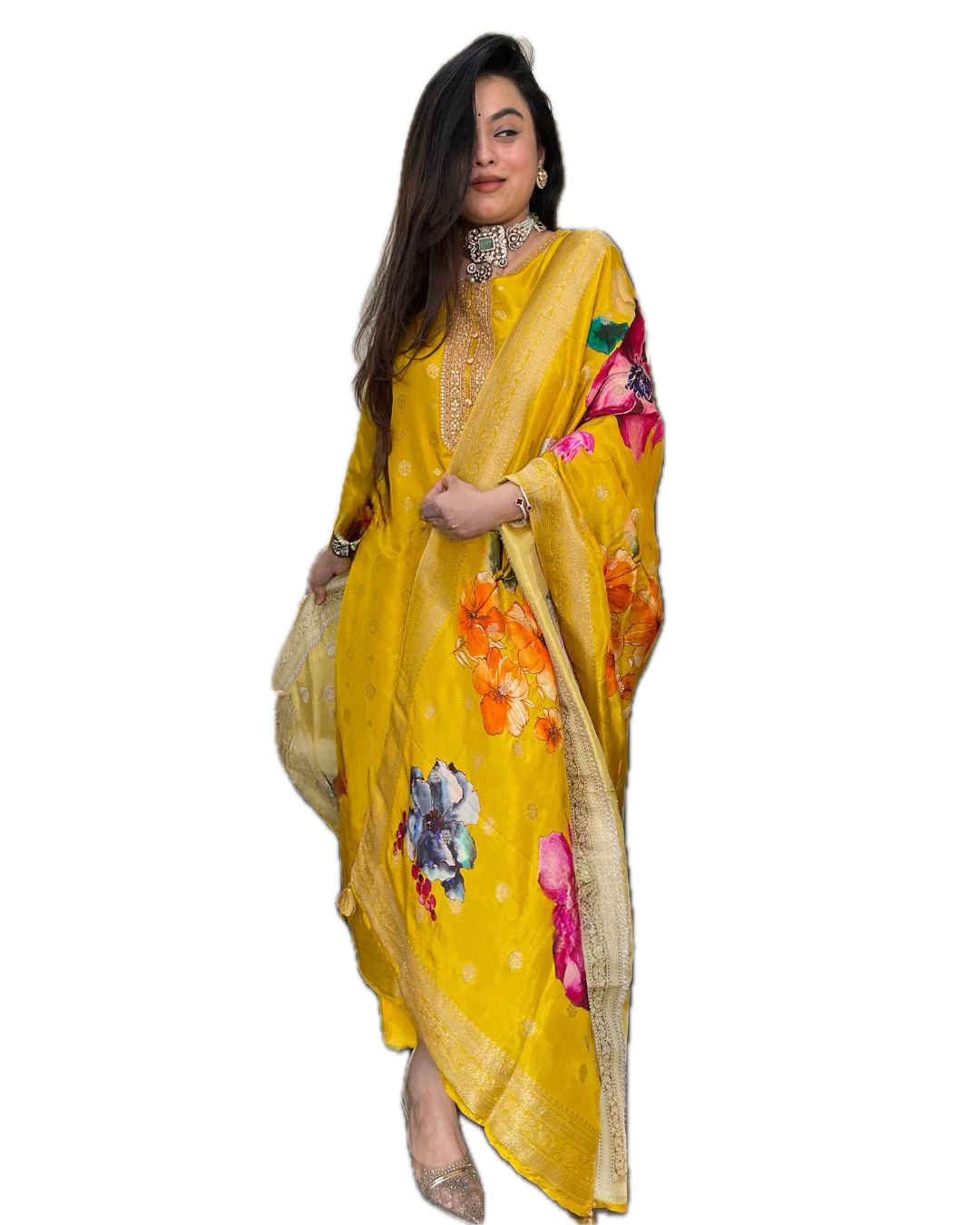 Women's Viscose Organza Jacquard Embroidered Kurta with Viscose Pant & Heavy Printed Jacquard Dupatta