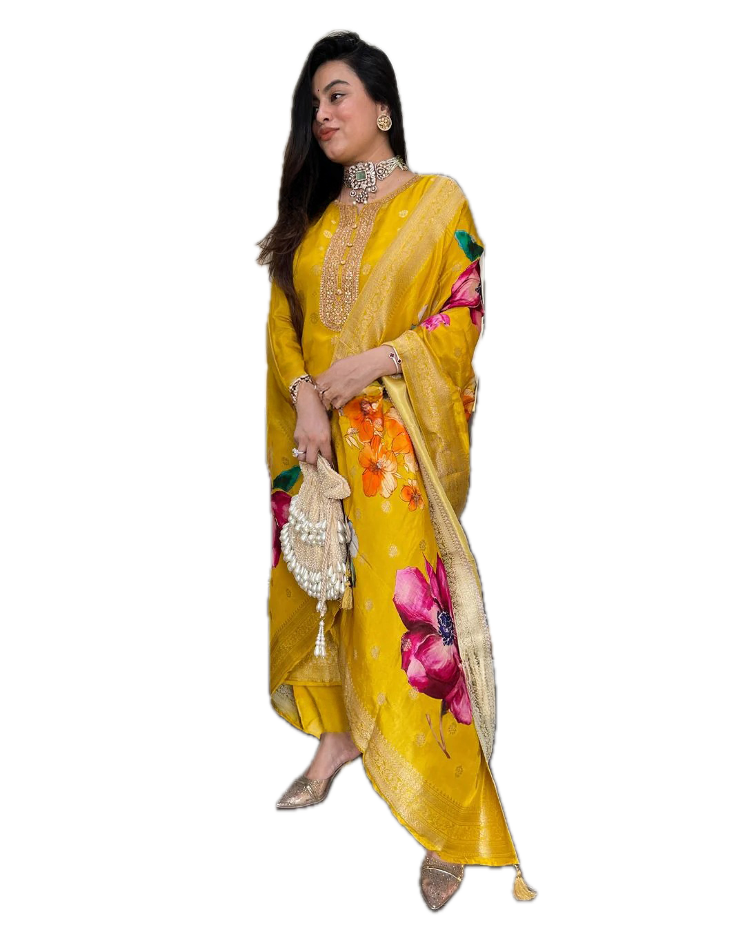 Women's Viscose Organza Jacquard Embroidered Kurta with Viscose Pant & Heavy Printed Jacquard Dupatta