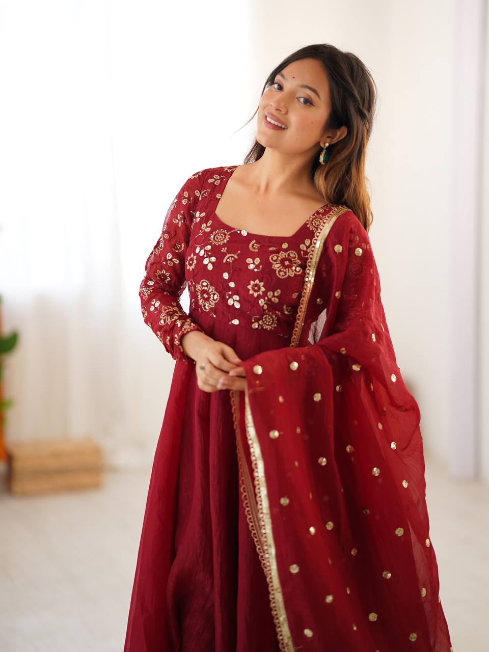 Premium Women’s Ethnic Wear Crunchy Silk Gown Set with Embroidered Dupatta & Matching Pant